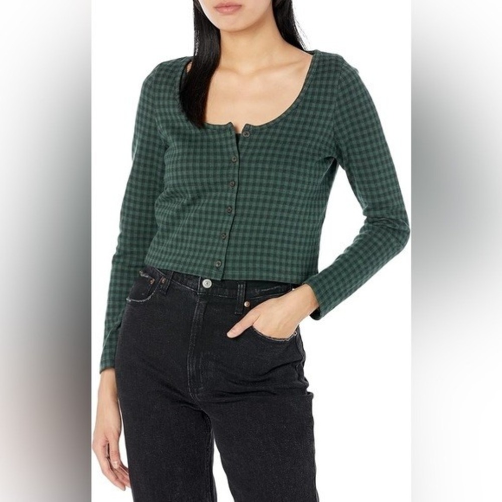 Madewell Green Gingham Cropped Cardigan Scoop Neck Button Front Knit Top Medium